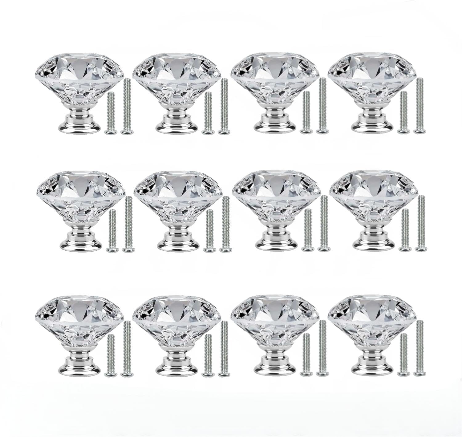 12PCS Mini Crystal Drawer Knobs with 2 Sizes Screws, 20mm Drawer Handles Crystal Glass Diamond Shaped Wardrobe Door Handles, Cupboards Door Knobs for Dresser Drawers, Kitchen, Bathroom Cabinet, Office
