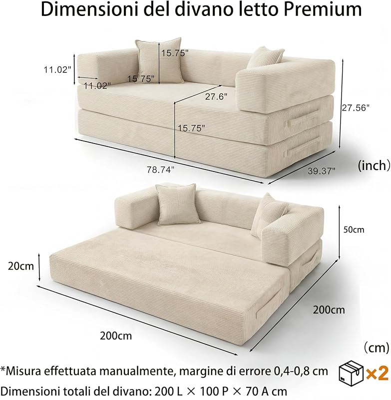 Divano letto disossato, in velluto a coste di alta qualità, 200 cm, divano pieghevole 5 in 1 a 3 posti, con 2 cuscini in schiuma, per soggiorno, bianco