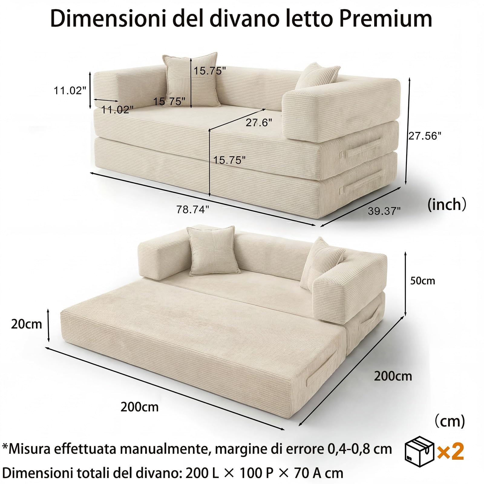 Divano letto disossato, in velluto a coste di alta qualità, 200 cm, divano pieghevole 5 in 1 a 3 posti, con 2 cuscini in schiuma, per soggiorno, bianco