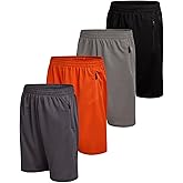 Pro Athlete Boys Basketball Shorts - 4 Pack Athletic Gym Shorts with Elastic Waistband & Zipper Pockets for Workout & Running