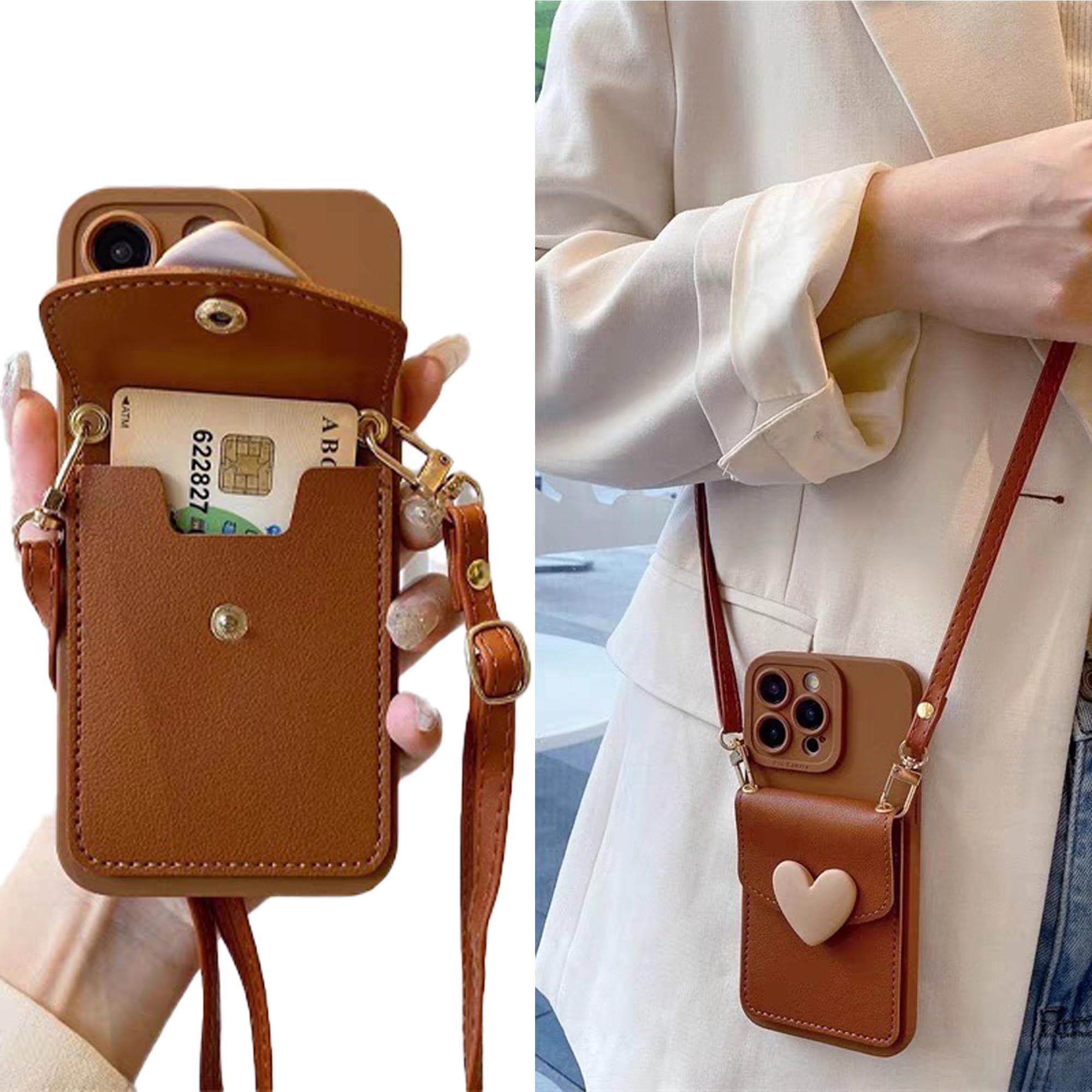 SGVAHY for iPhone 17 Air Case with Strap Card Holder Crossbody Lanyard, Cute Phone Wallet Case for Women Girls, Brown Heart Design Leather Purse Soft Silicone Cover for iPhone 17 Air