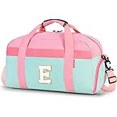 Initial Kids Duffle Bag for Boys or Girls, Kids Overnight Bag with Shoe Compartment, Personalized Weekender bags, Birthday Gifts for Women Boys Girls(Pink Green-Letter E)