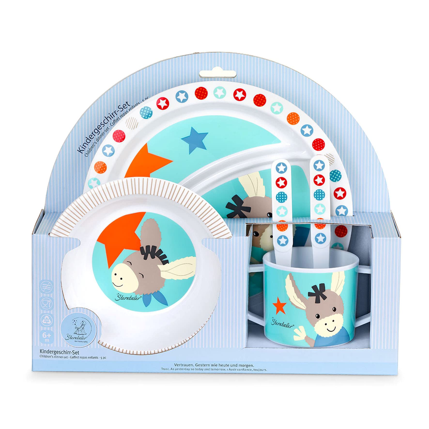 Sterntaler Emmi Crockery Set Plate, Bowl, Cup, Spoon, Fork, Age 6 Months + Light Blue/Multicoloured