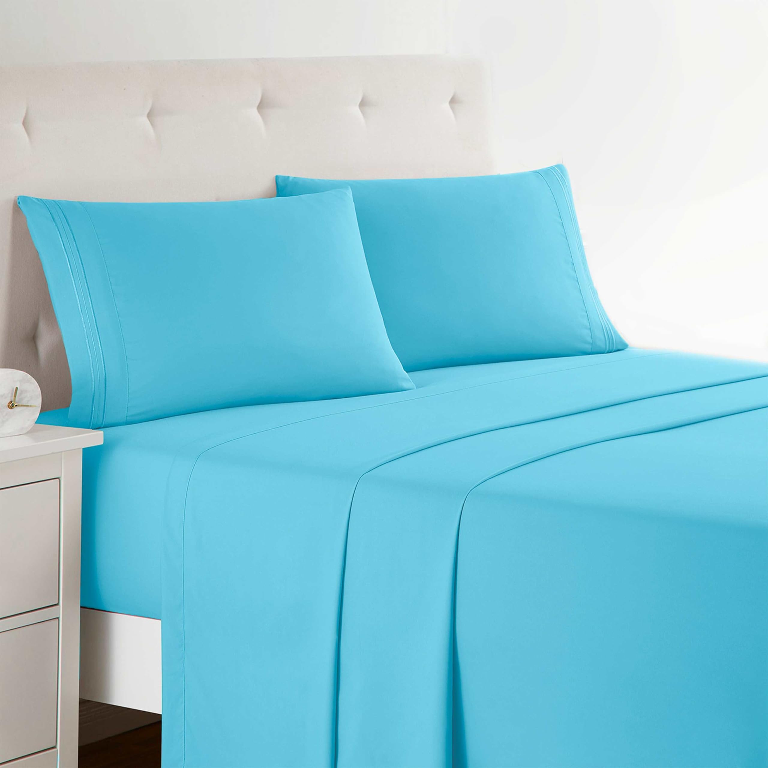 Clara Clark Premier 1800 Collection Deluxe Microfiber 3-Line Bed Sheet Set, Full, Beach Blue — image 1