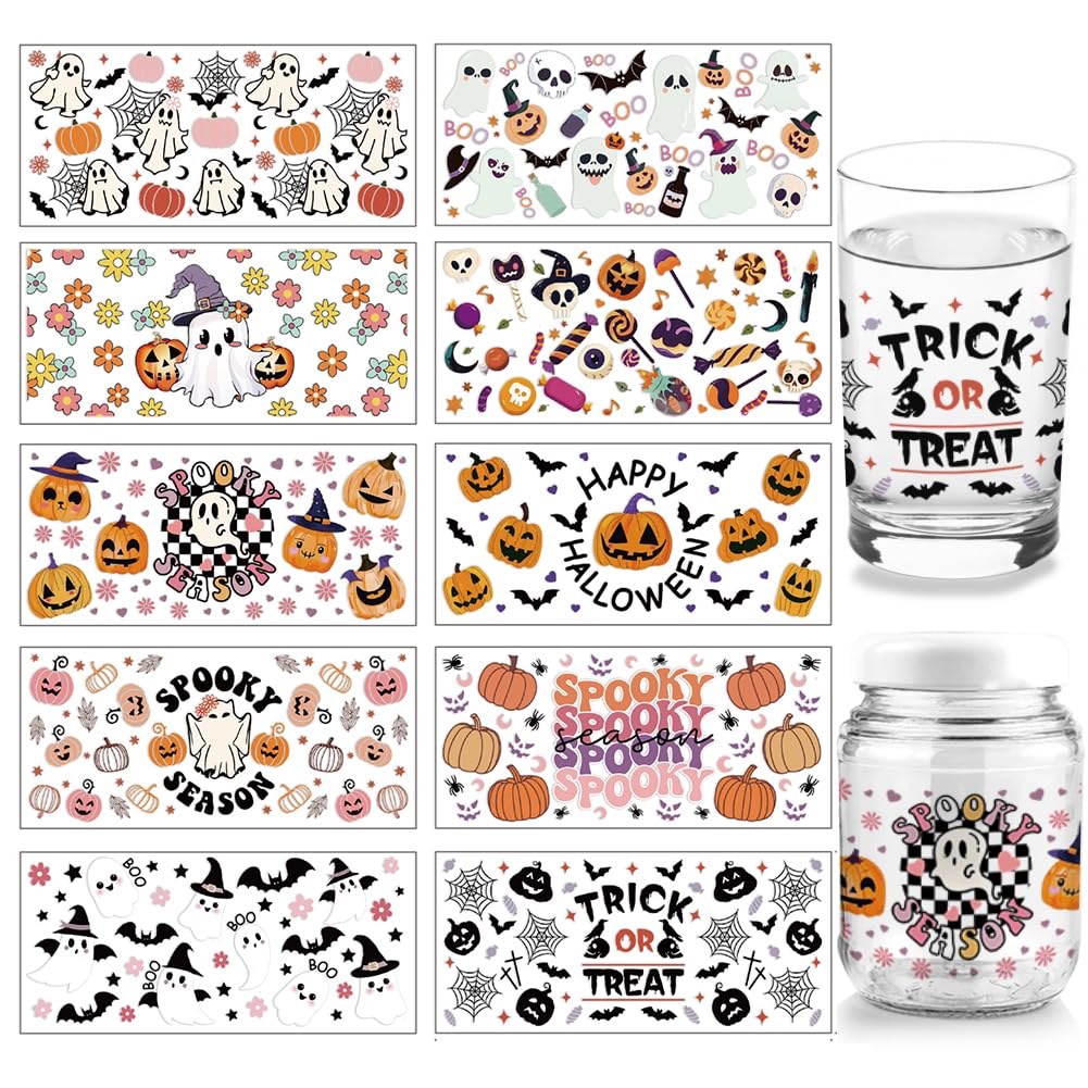 arricraft 10 Sheets Halloween UV DTF Cup Wrap Transfer Stickers for Glass, 10 Styles Cute Ghost Pumpkin Skull Rub on Transfers Decal for 16OZ Glass Cups Furniture Craft Halloween Party