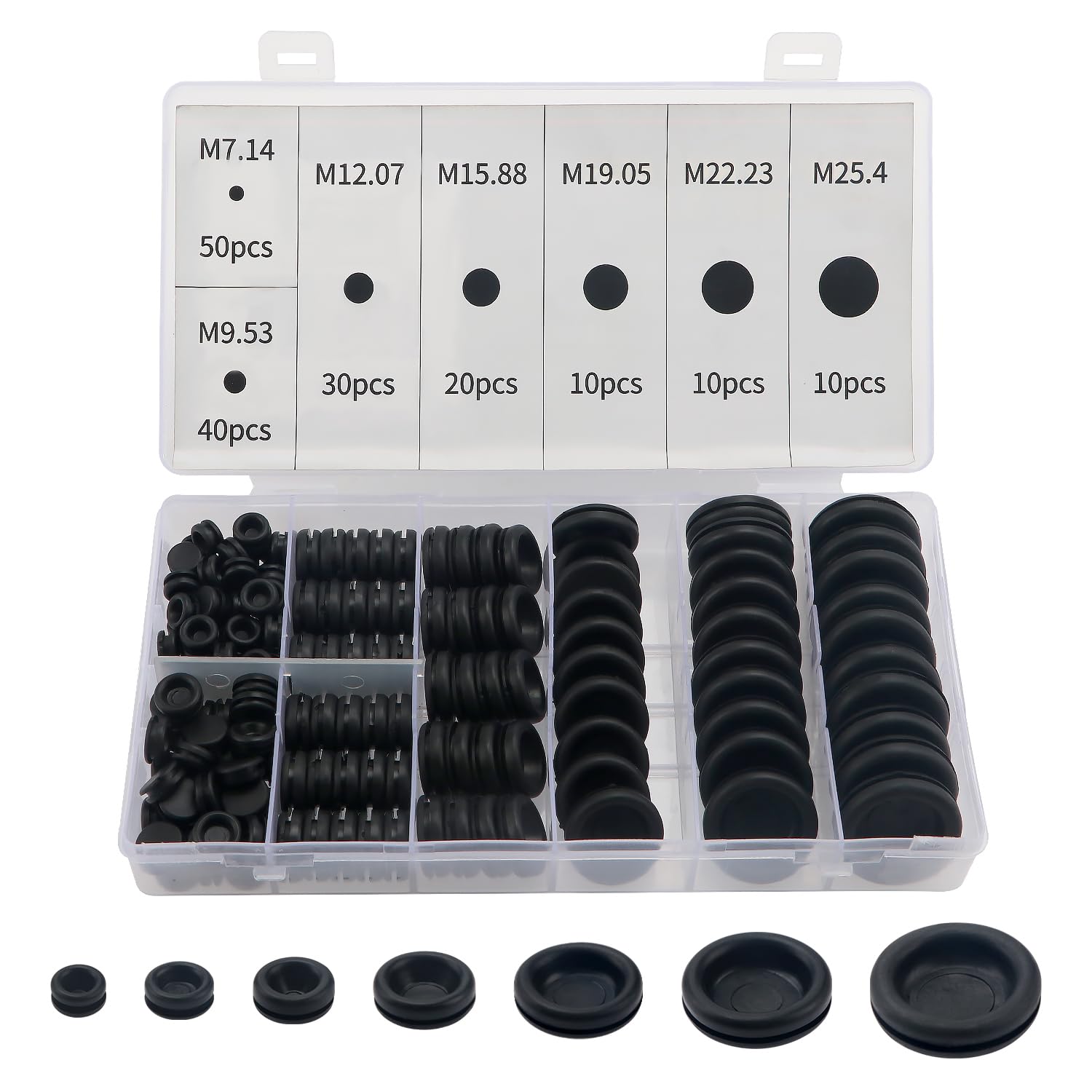 YIXISI 170 PCS 7 Sizes Rubber Grommets Kit, Conductor Gasket Ring Grommets, Black Rubber Hole Plugs Electrical Wire Gaskets, for Protecting Wires, Plugs and Cables