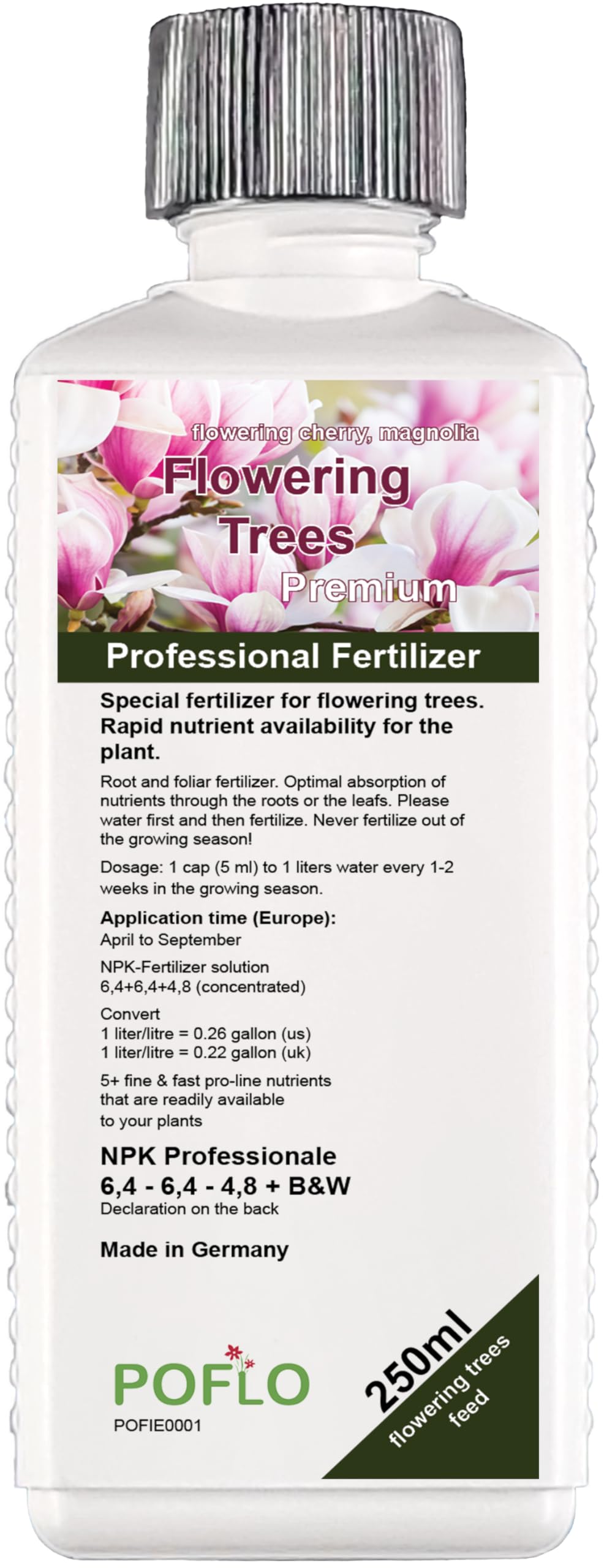 POFLO Flowering trees HIGH-TECH NPK complete fertilizer plants fertilizer for magnolias, tulip trees, bluebell trees, trumpet trees, ornamental cherries, flowering dogwoods etc. (250ml)