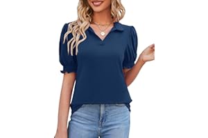 Micoson Womens Short Sleeve Polo T Shirts V Neck Casual Collared Tops Puff Sleeve Work Tunic Blouses