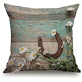 TSSOHU Rustic Pillow Cover Cotton Linen, Teal Rustic Wooden Country Decorative Pillow Cover Western Horseshoe Daisy Cushion Cover Home Decor Pillowcase for 18x18 Inch