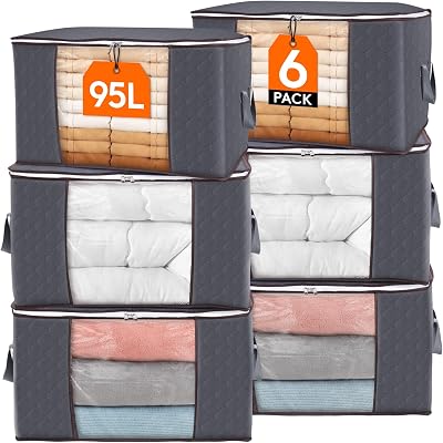 Lifewit 95L Clothes Storage Bags Set with Clear Window 6 Pack Grey