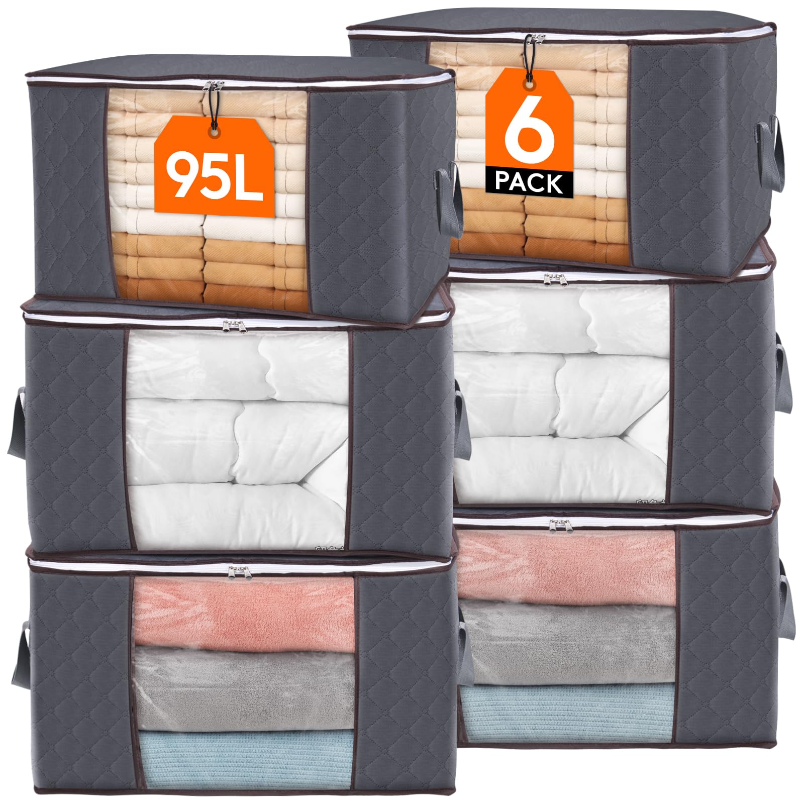 Lifewit 95L Clothes Storage Bags Large Storage Box With Lid Packing Boxes for Moving House With Reinforced Handle Thick Fabric Clear Window for Clothes Duvet Blankets Bedding, 6 Pack, Grey