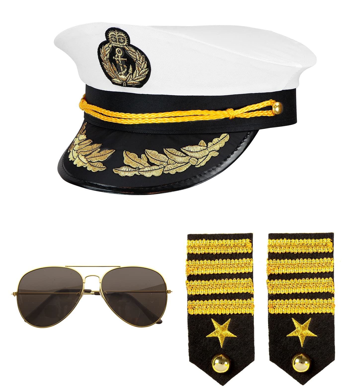 Widmann W MILANO Party Fashion 68543 Fancy Dress Set Captain, Hat, Epaulettes and Glasses, Navy Captain, Carnival, Theme Party