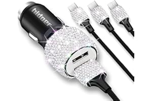 HIDOER Bling USB Car Charger 5V/2.4A White Crystal Decoration Dual Port Fast Adapter with 4ft Nylon Type C/Micro USB 3-in-1 Multi Charging Cable for iPhone iPad Android, Car Interior Accessories for Women