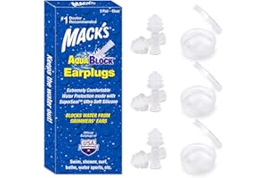 Mack's AquaBlock Swimming Earplugs, 3 Pair - Comfortable, Waterproof, Reusable Silicone Ear Plugs for Swimming, Snorkeling, S