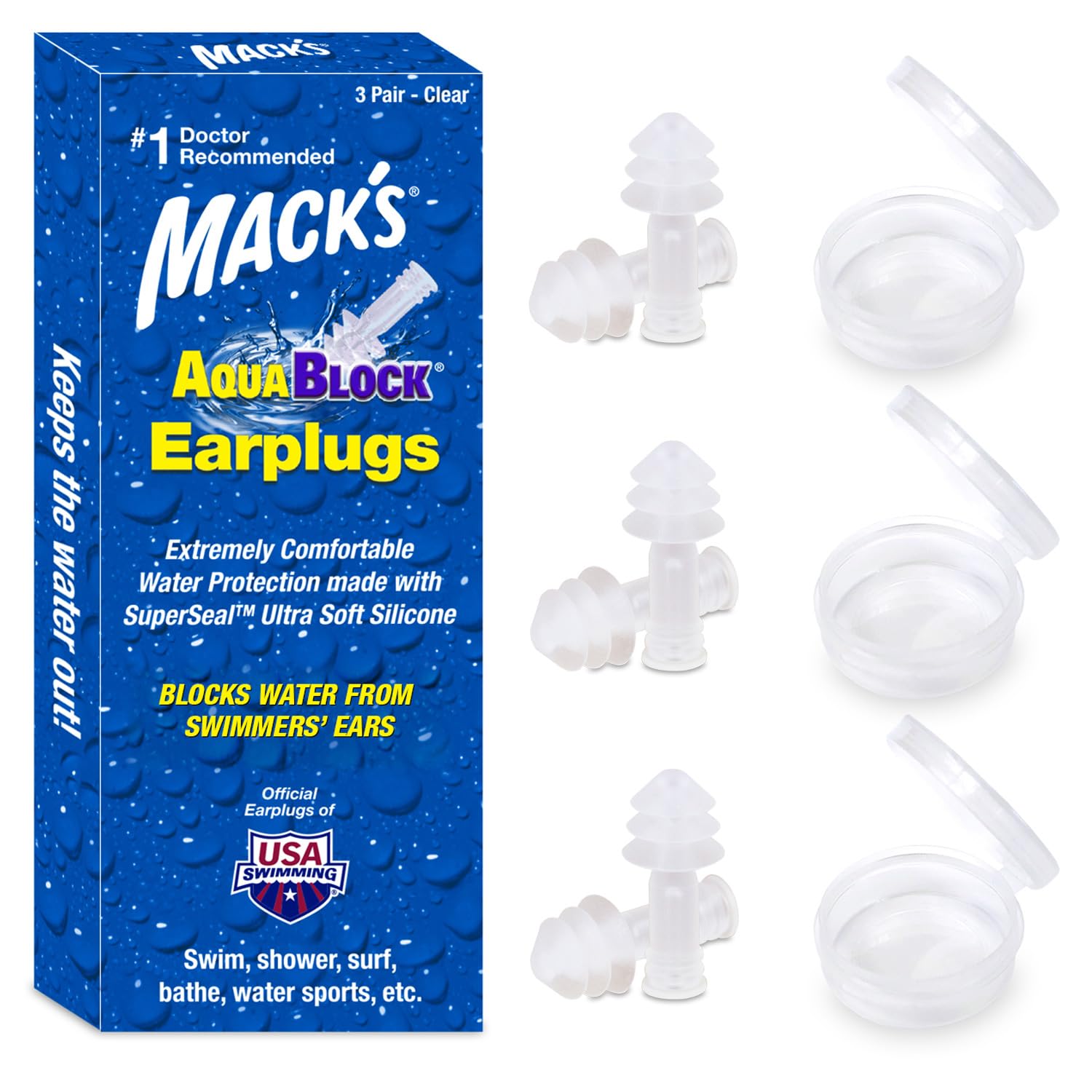 Photo 1 of Mack's AquaBlock Swimming Earplugs, 3 Pair - Comfortable, Waterproof, Reusable Silicone Ear Plugs for Swimming, Snorkeling, Showering, Surfing and Bathing (Clear)