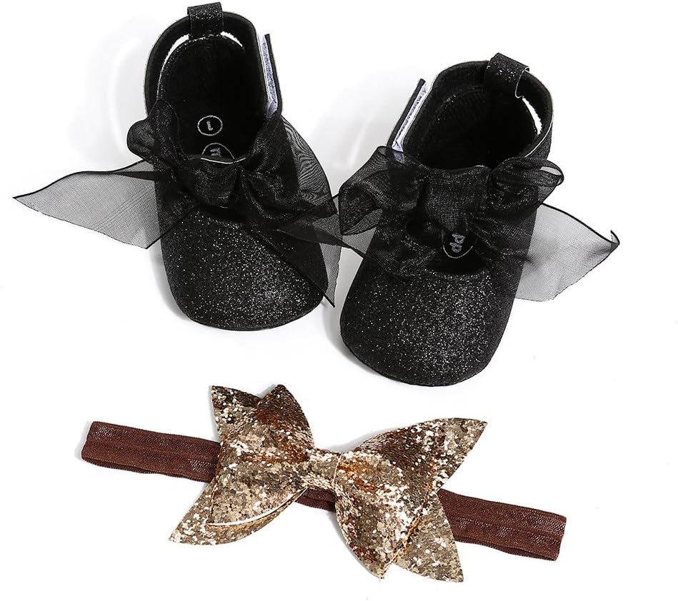 SOFMUO Baby Girls Bowknot Mary Jane Flats Soft Sole Infant Crib Walking Shoes with Headband (L: 5.12 Inch(12-18 Months), Sparkle Black)