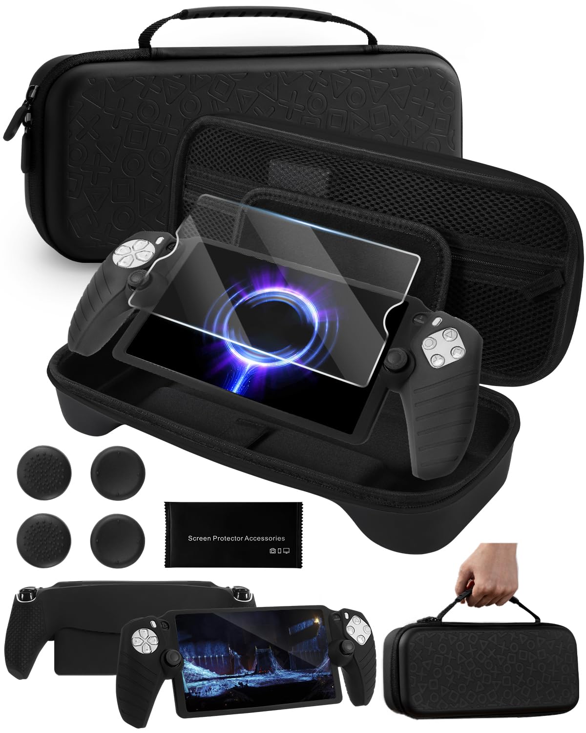 FUNLAB Accessories Bundle for PS Portal Case Compatible with Playstation Portal, Slim Carrying Case for Ps5 Portal with Silicone Protective Cover, Tempered Glass Screen Protector, 4 Thumb Grips - Black