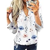 WIHOLL Womens Spring Summer Fall Fashion Casual Ladies Basic Rolled Up 3/4 Long Sleeve Floral Shirts V Neck Tunic Blouses and Tops 2025 for Work L