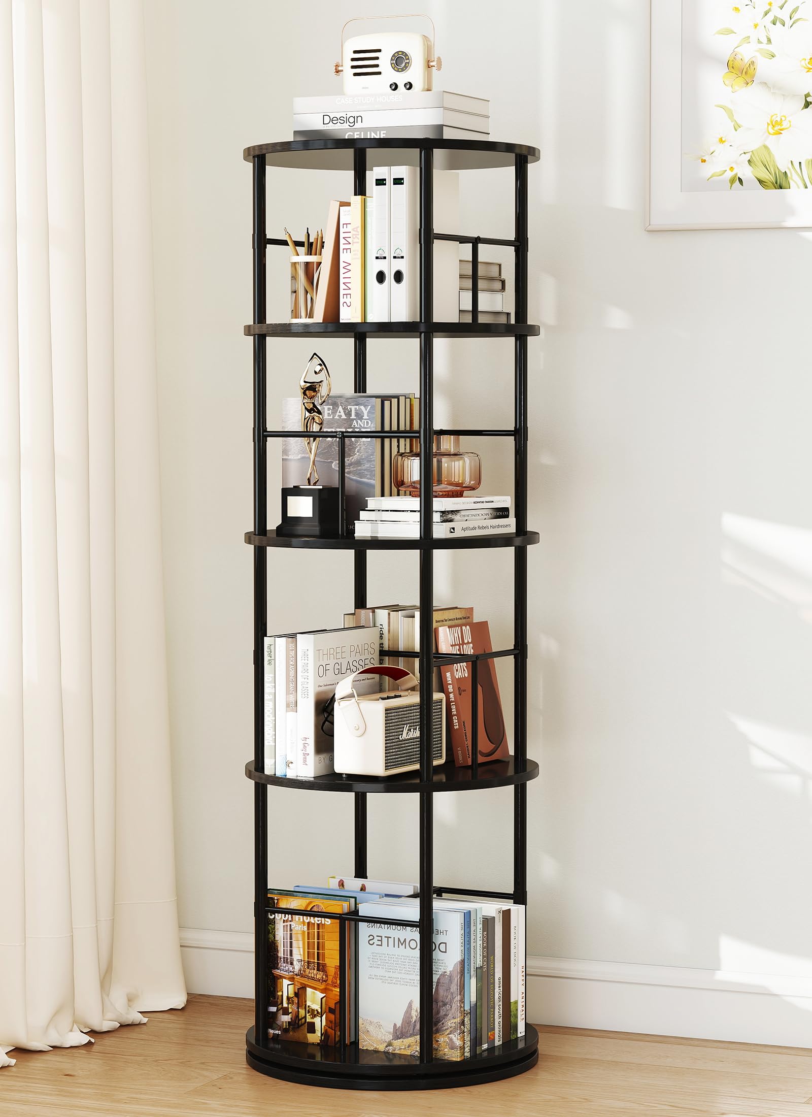 Small Rotating Shelf Turosur 4 Tier Rotating Bookshelf Black, Tall Spinning Bookcase,Round ...