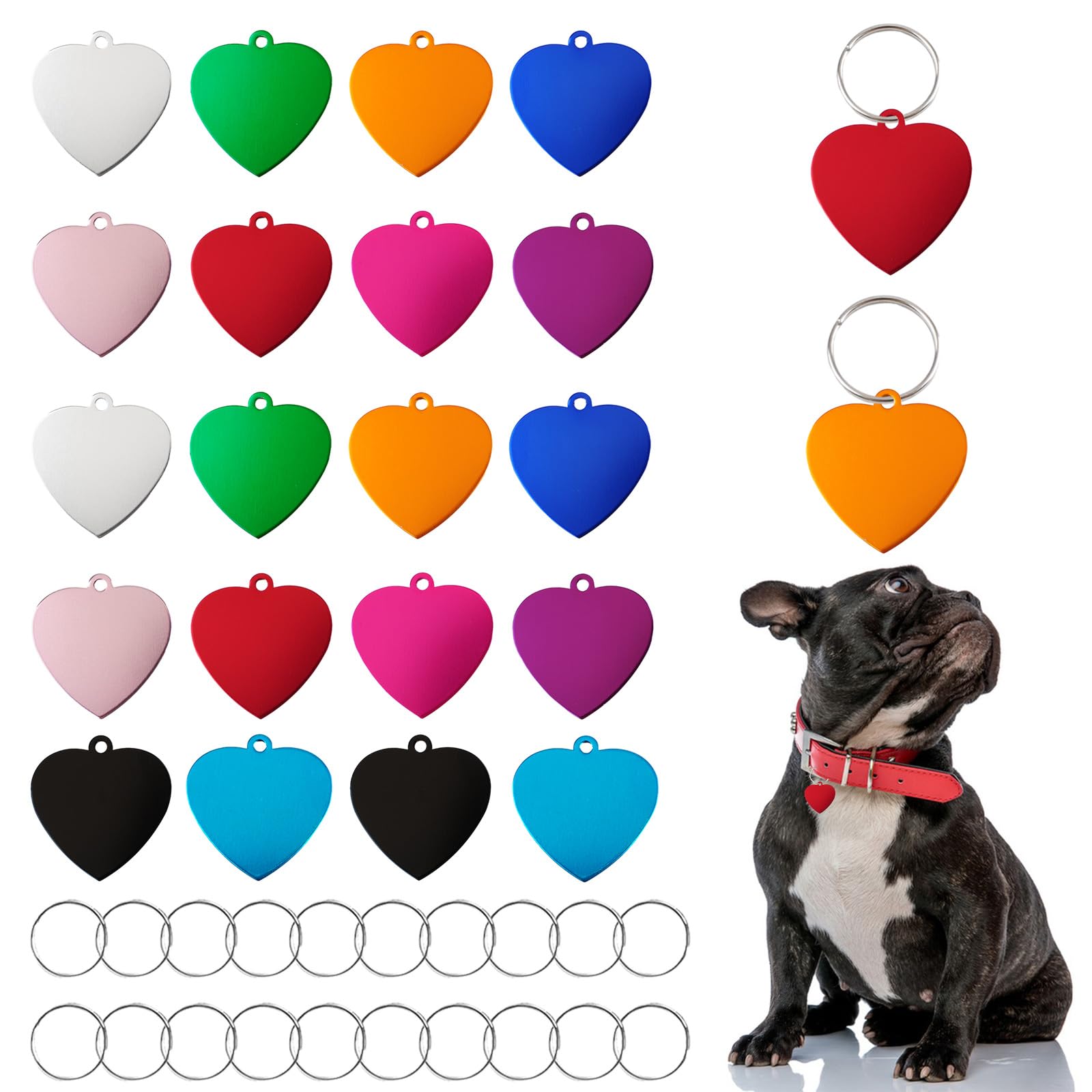 HACRAHO Pet ID Tag, 20 PCS Pet Aluminum Personalized ID Tag Colorful Double Side Blank Dog Tags with 20 PCS Key Rings, Heart-Shape