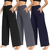 TNNZEET 3 Pack Women's Wide Leg Pants with Pockets - Casual Loose Yoga Trouser Pants Sweatpants Palazzo Lounge Pajama Pants