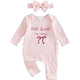 Honganda Newborn Baby Girl Coming Home Outfit Hello World I'm Here Jumpsuit Long Sleeve Ruffle Knit Romper with Headband