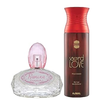 Maryaj Ramona Eau De Parfum Citrus Floral Perfume 100ml for Women and Ajmal Sacred Love Deodorant Floral Musky Fragrance 200ml for Women + 2 Parfum Testers FREE
