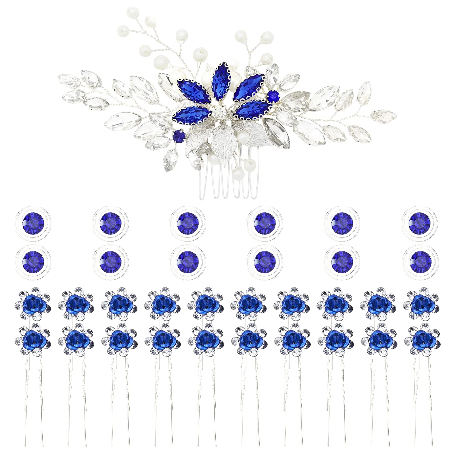 inSowni 33 Pack Royal Blue Rhinestone Pearl Crystal Flower Bridal Hair Side Combs Slides+Gems Spiral Hair Clips+U Shaped Hair Pins Wedding Headpieces Accessories for Women Girls Brides Bridesmaids