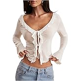 WDIRARA Women's Ruffle V Neck Tie Front Blouse Sheer Flare Long Sleeve Shirts See Through Crop Tops