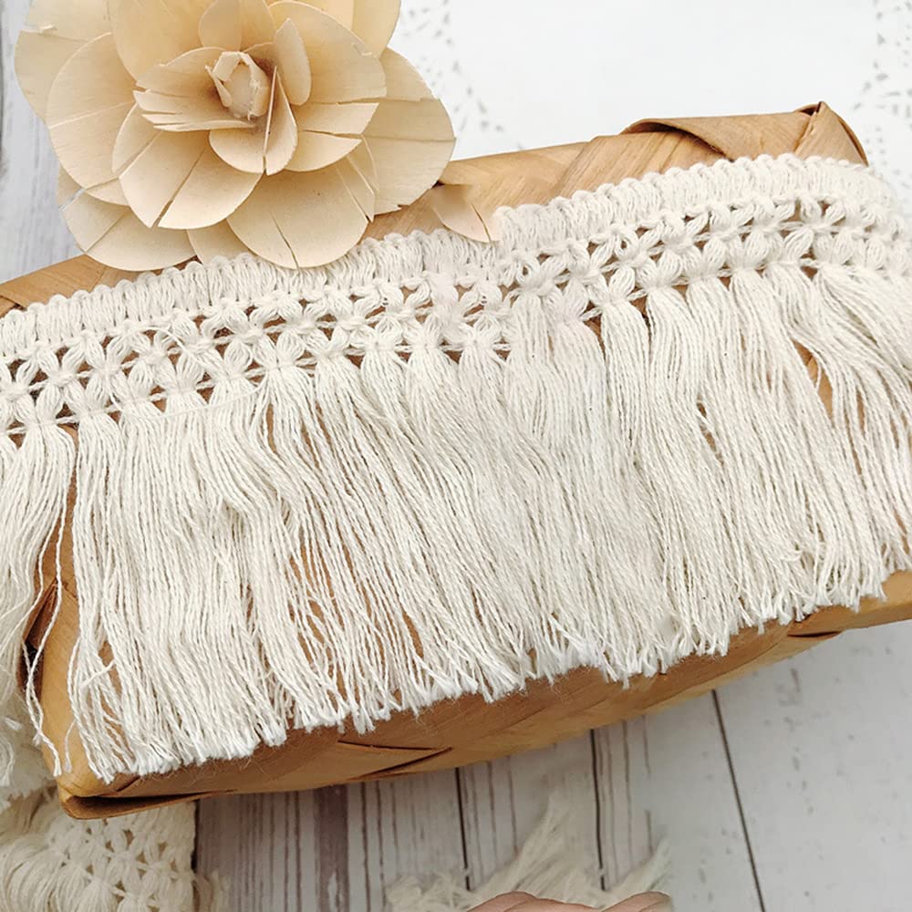 Duories Beige Cotton 8 cm Wide Lace Tassel Ribbon for Sewing, DIY Costumes, Clothing, Curtains, Table Cloths, Wedding Decoration