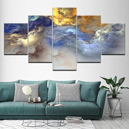 Jjshily Peinture Sur Toile Jaune Bleu Gris Abstrait Nuage 5