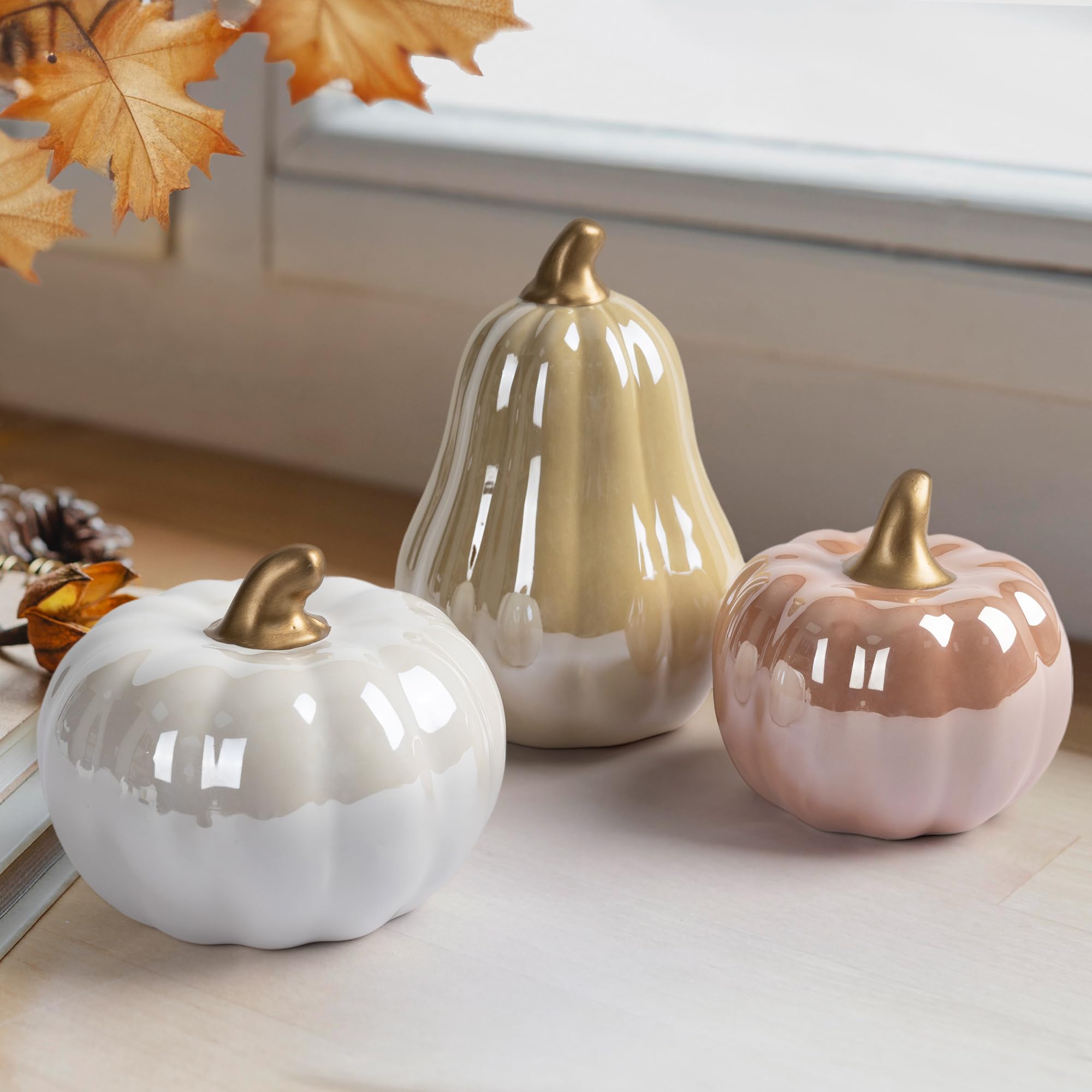 Photo 1 of AELS Modern Ceramic Pumpkins Fall Decor Indoor, Cozy Farmhouse Tabletop Decorations, Artificial Pumpkins Decor for Fall Table Runner, Office, Holiday Party Home, Set of 3 Neutral Tones
