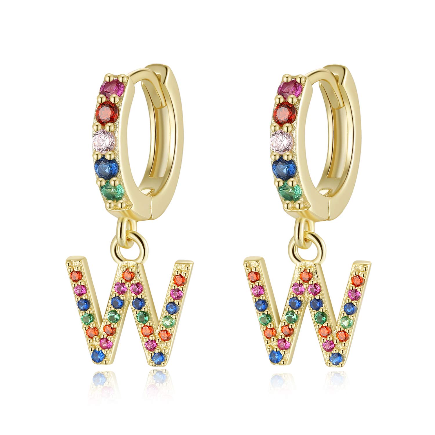 Qings Dangling Huggie Hoop Initial Earrings 925 Sterling Silver CZ Drop Earrings