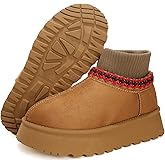 Fuzzy Snow Boots for Women Winter Plush Platform Suede Ankle Booties with Knit Sock Collar,Warm Faux Fur Lining Mini Boots Cozy Short Bootie Non-Slip Fleece Slippers House Shoes for Indoor Outdoor