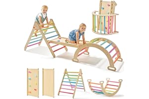 Tiny Land Pikler Triangle Set, 7-in-1 Foldable Pikler Triangle Climbing Toys Set for Kids,Baby Indoor Playground Jungle Gym, Wooden Montessori Climbing Set for Toddler (Rainbow)