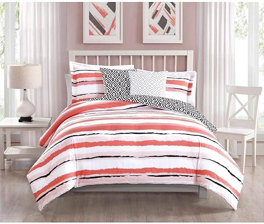 Amazon Com D H 5 Piece White Peach Pink Stripes Comforter Full