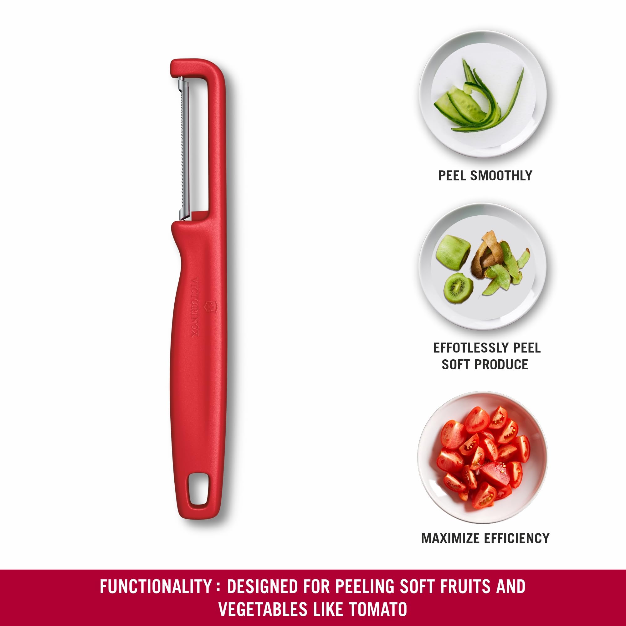 Victorinox Sparschäler "Iota", Schäler für Gemüse, Obst, Zackenschliff, Zweischneidig, Extra Scharf, Swiss Made, rot 3