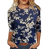 JomeDesign Womens Tops 3/4 Sleeve Shirts Round Neck Loose Casual Blouses Floral Print Tshirts