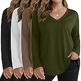 Sweetyweee 4 Pack Women's Plus Size T Shirts Long Sleeve V Neck Tops Basic Loose Fit Curved Hem Tunic Clothes