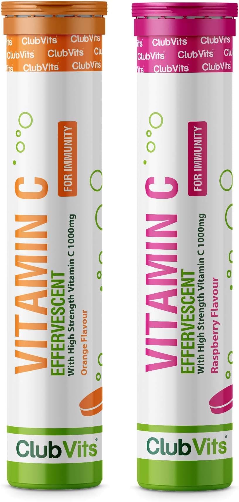 Vitamin C 1000mg High Strength Effervescent Tablets (2 Tubes) - Mixed Flavour Packs from Club Vits (Orange x1 Raspberry x1)