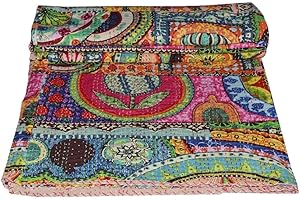CRAFTS CREATION STALLION COTTON CLOTHING Indian Cotton Kantha Quilt King Bedspreads Throw Blanket (Multi Floral) Bohemian Bedspread , Bohemian Bedding , Handmade Kantha Quilt , King Size Kantha Quilt , Bed Cover
