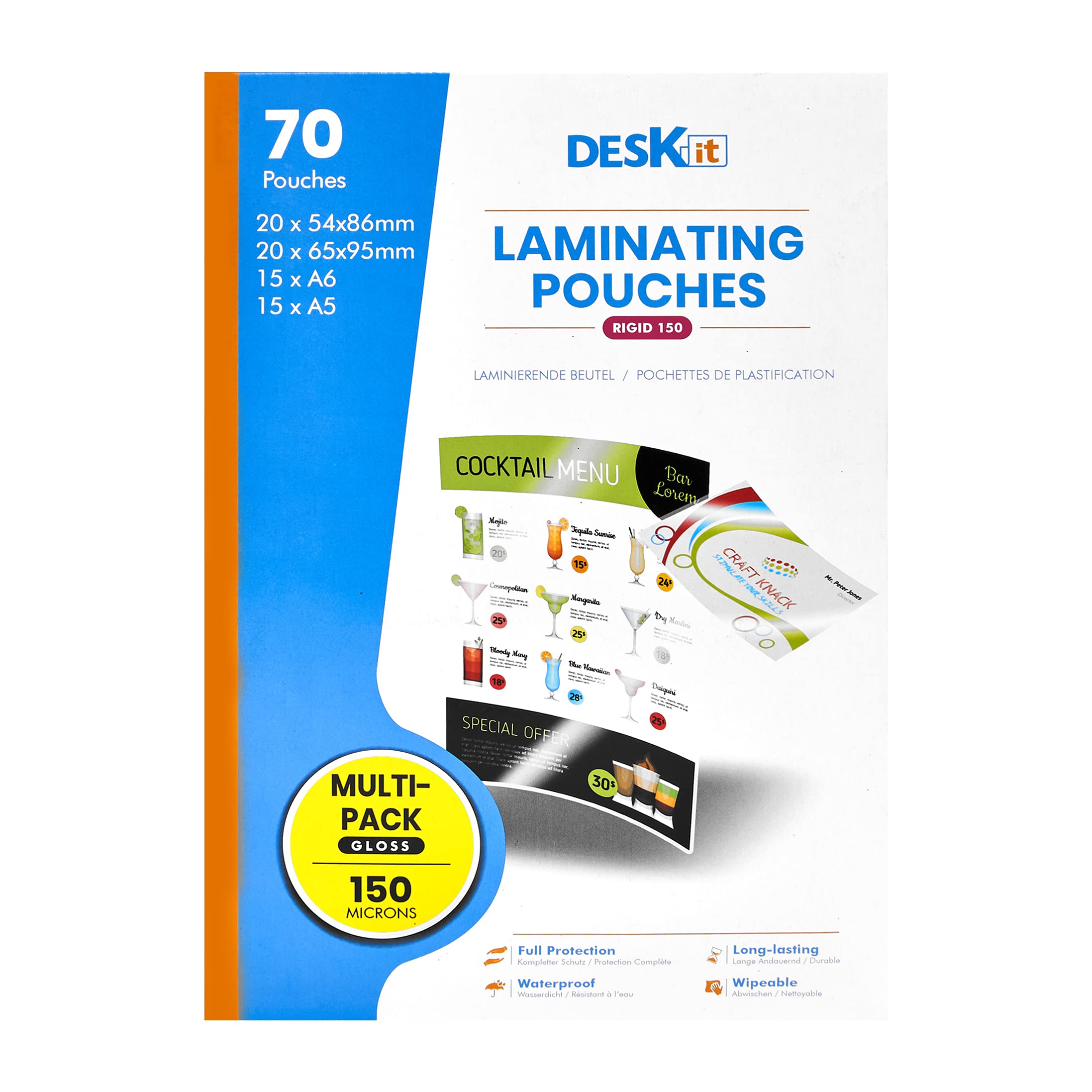 Deskit A5 A6 and Small Sizes Laminating Pouches, Glossy, 150 Microns, Multipack of 70 - Clear and Durable Presentations - Ideal for Small Projects at Home, Office or Events