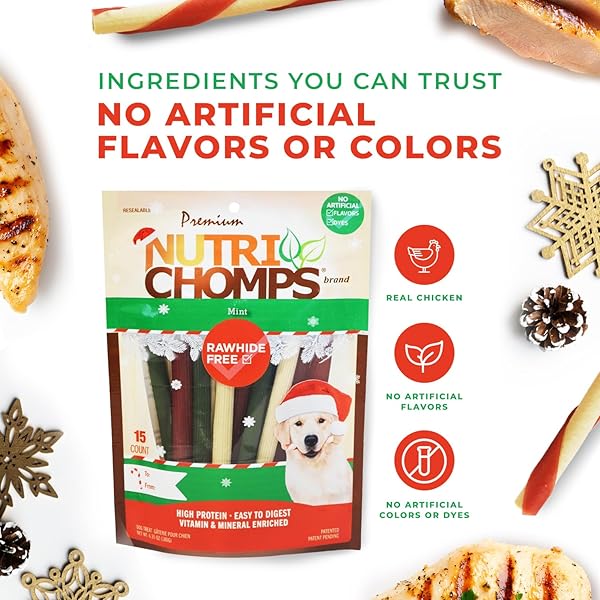 NUTRICHOMPS DOG CHEWS, 5 INCH STICKS, MINT FLAVOR, 15 COUNT, EASY TO DIGEST, RAWHIDE FREE, HOLIDAY STOCKING STUFFER TREATS, CHRISTMAS GIFT FOR DOGS