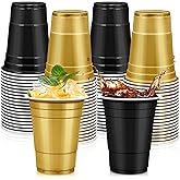 LANLISA 100Pcs Black and Gold Plastic Cups, 16 oz Disposable Cups For Birthday Party, Graduation Decorations, New Years Eve
