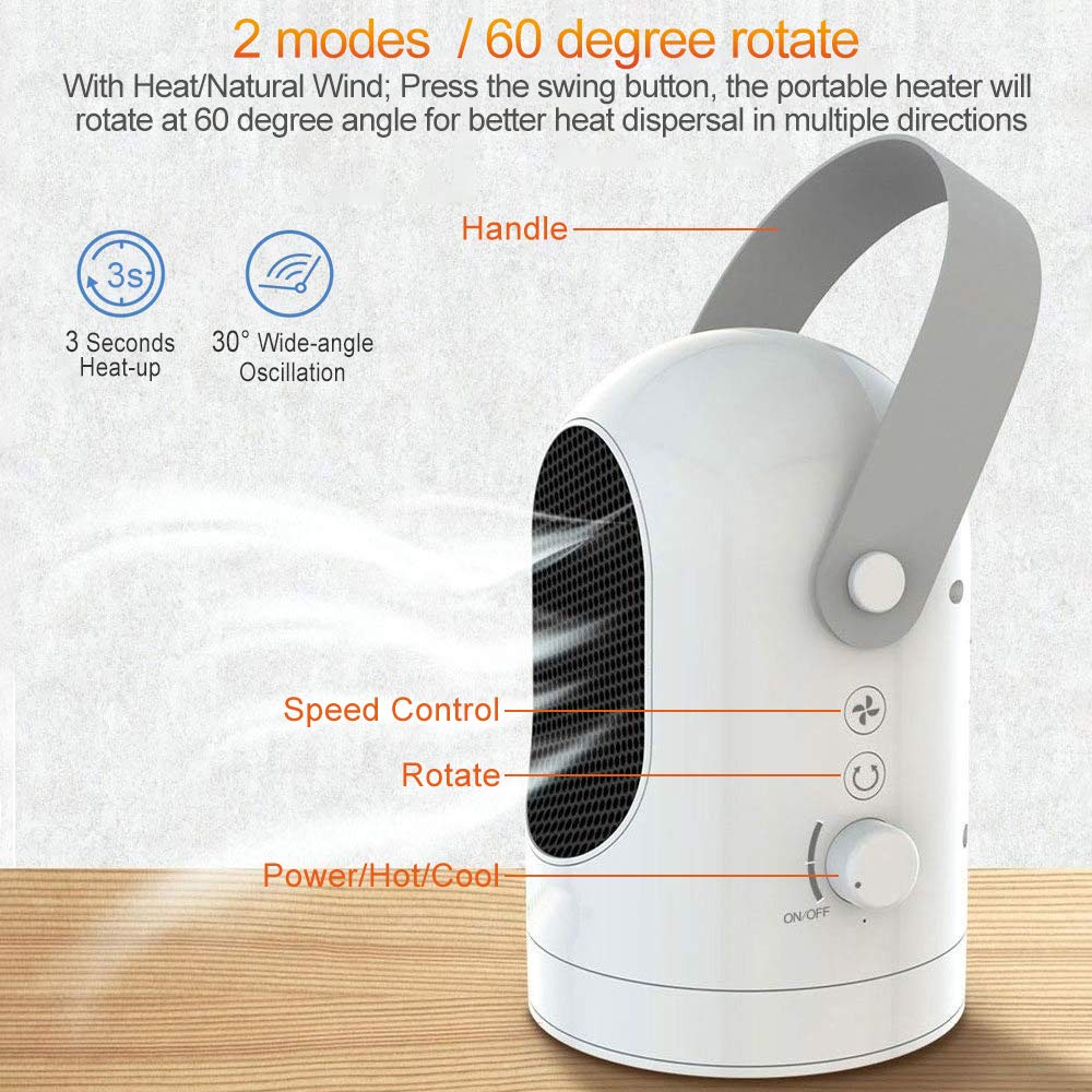 Blu7ive Portable Space Heater, Personal Ceramic Oscillation Heater Fan with Tip-Over & Overheat Protection for Home Office