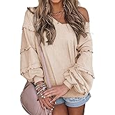 BTFBM Women's V Neck Long Sleeve Blouse Loose Fit Tunics Ruffles Off Shoulder Waffle Knit Solid Color Tops Fall Tee Shirts