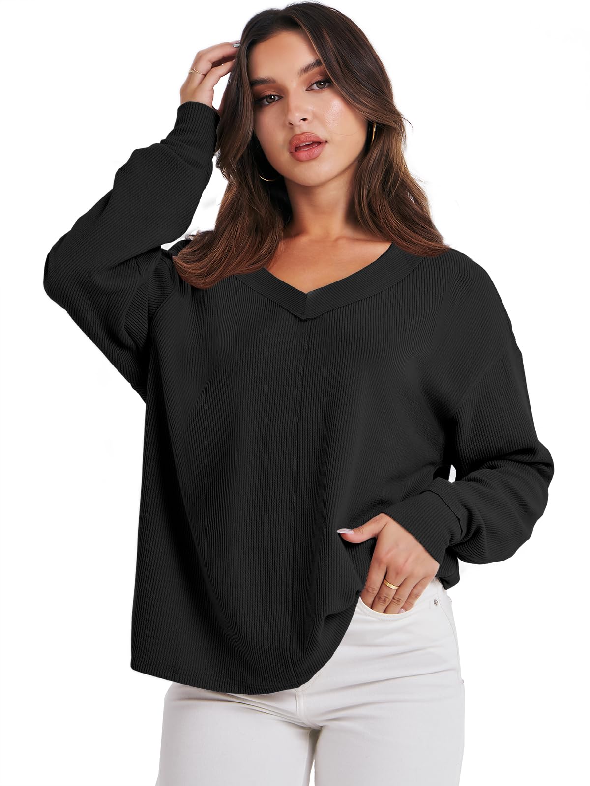 ANRABESS Oversized Long Sleeve Shirts for Women Off the Shoulder Sweatshirt Loose V Neck Tunic Tops High Low Sweater 2024