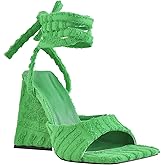 Onlymaker Women's Lace up Fashion Square Toe High Heeled Ankle Strap Chunky Mule Sandals