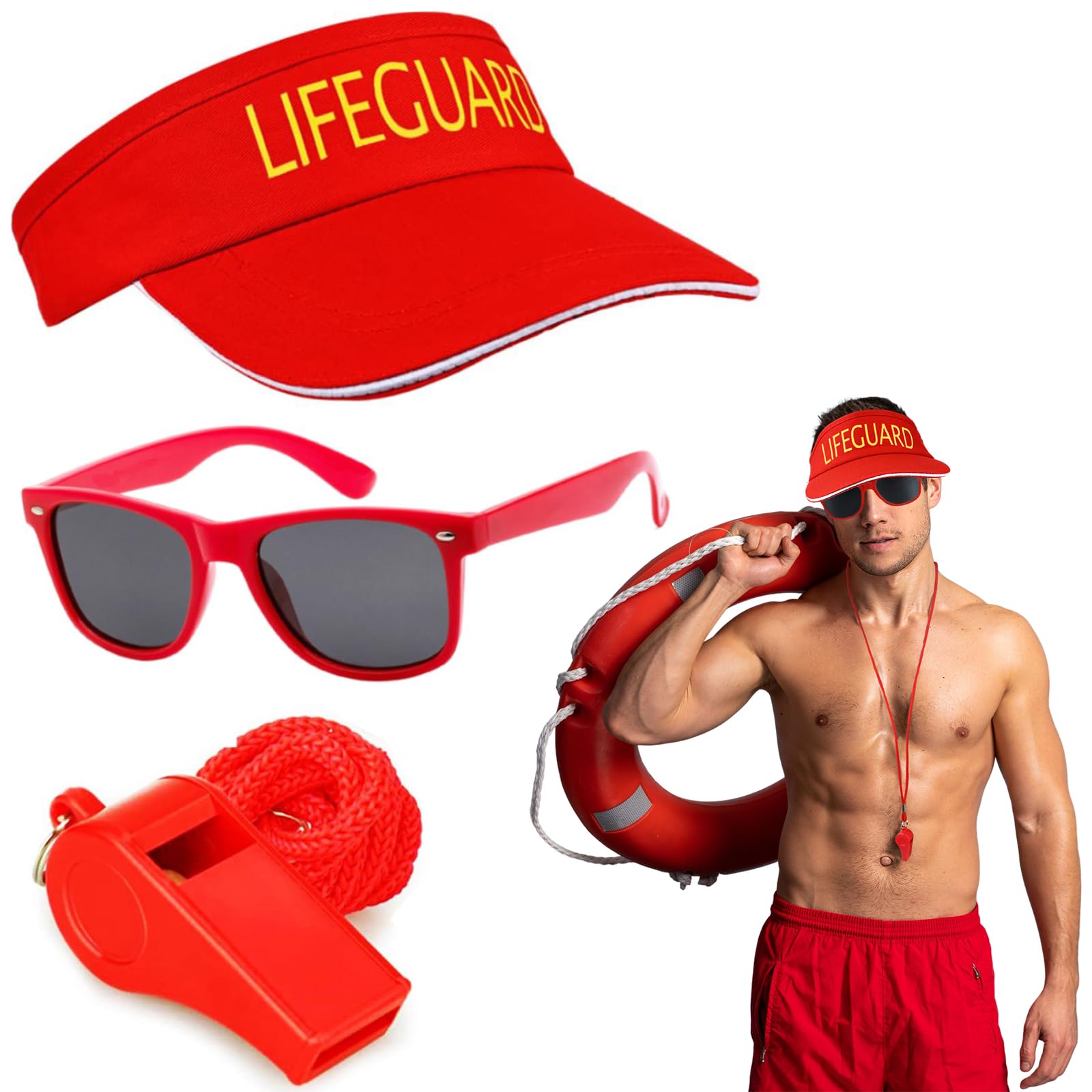 Kavoc 3 Pcs Guard Costume Accessories Set Includes Red Hat Whistle Sunglasses for Men Women for Dress Up Supplies (Visor Hat)