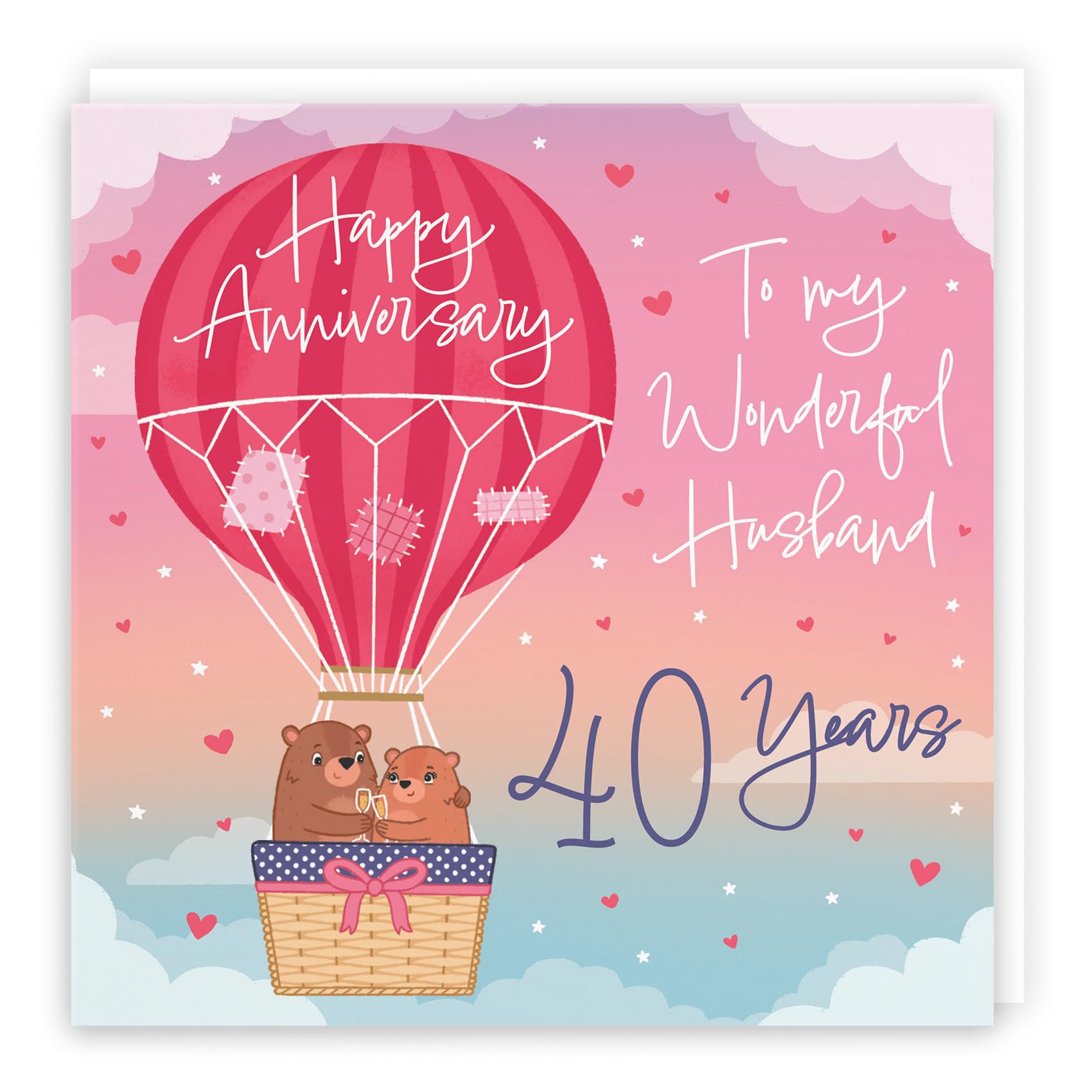Hunts England - 40th Husband Hot Air Balloon Anniversary Card - Cute Bears Collection - Luxury 40th Anniversary Card For Husband - Romantic Husband 40th Anniversary Card - Champagne And Love Hearts — image 1
